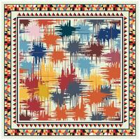 A vibrant abstract textile design featuring multicolored brush strokes, framed by intricate geometric patterns. vector