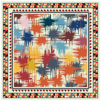 A vibrant abstract textile design featuring multicolored brush strokes, framed by intricate geometric patterns.