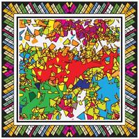 A vibrant abstract image filled with colorful geometric shapes, framed by a patterned border in contrasting colors. vector