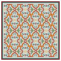 Intricate geometric pattern with vibrant red, yellow, teal, and white, framed in a dark border, showcasing artful symmetry and design. vector
