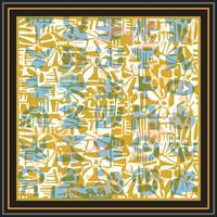 A textured hand drawn dotted texture abstract pattern featuring a mix of yellow, blue, and soft pink shapes on a white background, framed in black and gold. vector