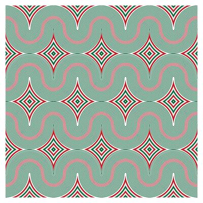 Abstract line art print pattern featuring wavy lines in green and red, interspersed with diamond shapes, creating a rhythmic, vibrant design.