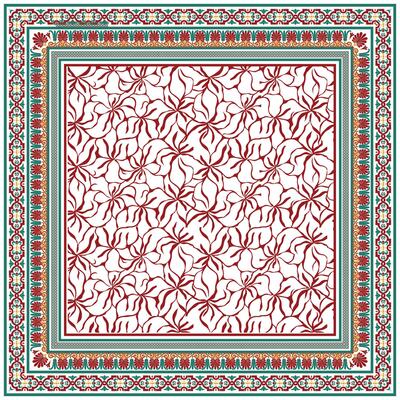 A decorative scarf, hand drawn dotted texture print pattern featuring intertwining red flowers and elegant borders in green and gold. Ideal for textiles or wallpaper design.