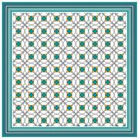 A vibrant geometric pattern featuring interconnected shapes in teal, orange, and white, framed by a bold striped border. vector