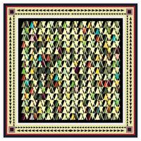A vibrant geometric pattern of colorful triangles set against a black background, framed with intricate borders in contrasting colors. vector