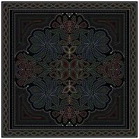 Intricate hand drawn dot and stitch pattern, geometric pattern featuring colorful floral designs on a black background, framed by ornate borders and detailed textures. vector