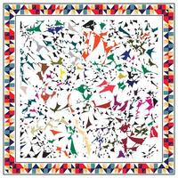 A vibrant abstract design with colorful shapes against a white background, bordered by a patterned frame of triangles and rectangles. vector