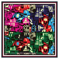 Abstract, colorful geometric pattern with bold shapes in red, blue, green, and black, framed with a thick, multi-colored border. vector