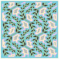 A colorful abstract pattern featuring intertwining black leaves and stylized shapes against a blue background with pink and beige accents. vector
