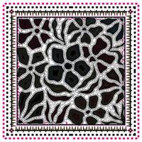A colorful hand drawn print, floral pattern featuring bold outlines, intricate details, and a vibrant border of squares and lines. vector