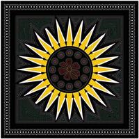 A vibrant mandala with yellow spikes radiating from a central floral pattern, set against a black background with intricate dot designs vector