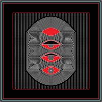 Abstract graphic hand drawn print, featuring three red eyes with concentric lines, set against a black background and surrounded by a colorful border. vector