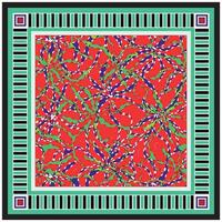 A vibrant red pattern features intertwining green, blue, and white swirls, framed by bold black and turquoise borders with graphic accents. vector
