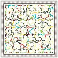 Colorful abstract pattern of swirling shapes on a white background, bordered by a polka-dotted frame. vector