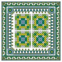 A vibrant dot and stitch line geometric pattern of green, yellow, and blue circles forming a square design, framed by intricate borders, it could be used as a wallpaper, fabric design, scarf, pillow vector