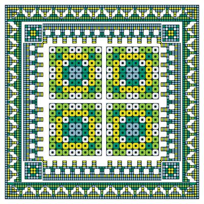 A vibrant dot and stitch line geometric pattern of green, yellow, and blue circles forming a square design, framed by intricate borders, it could be used as a wallpaper, fabric design, scarf, pillow