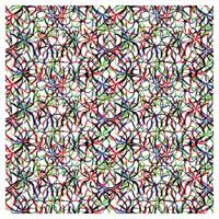 A vibrant, abstract pattern of interwoven red, green, blue, and black shapes resembling flowers, set against a white background. vector