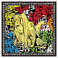 A vibrant, abstract hand drawn quilt design, illustration of stylized cheetahs against a colorful, pattern background filled with shapes and designs. vector