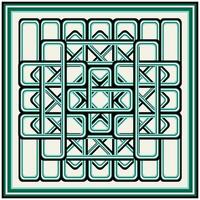 Geometric abstract design featuring overlapping teal and black lines, creating a complex pattern within a square border. vector