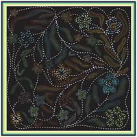 A vibrant hand drawn dotted and line print pattern of colorful flowers and swirling lines on a dark background, frame with a bold, multi-colored border. vector