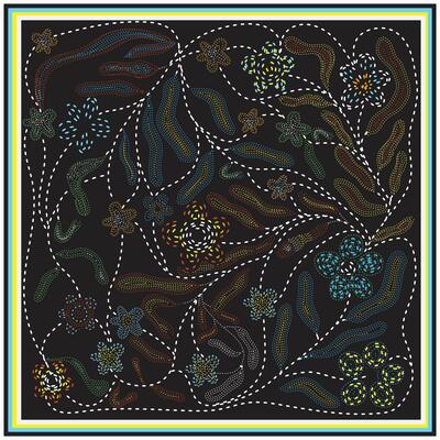 A vibrant hand drawn dotted and line print pattern of colorful flowers and swirling lines on a dark background, frame with a bold, multi-colored border.