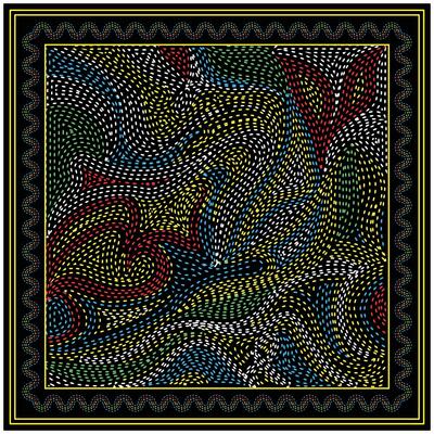 Colorful abstract hand drawn and dot print texture, design featuring swirling patterns in red, blue, yellow, and green against a black background, framed with a decorative border.