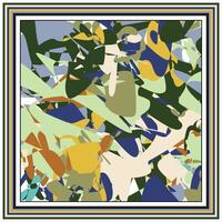 An abstract, colorful composition of overlapping shapes in greens, blues, yellows, and creams, framed by bold, striped borders. vector