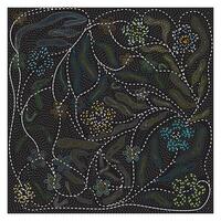A vibrant, abstract pattern of colorful flowers and leaves on a black background, with dashed lines creating a winding flow. vector
