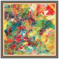 Colorful abstract artwork featuring dynamic swirling lines and geometric shapes in vibrant hues, framed with a bold border. vector