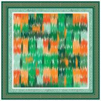 Abstract pattern of green, orange, and teal streaks, framed by intricate borders in contrasting colors, creating a vibrant visual effect, It could be used as a wallpaper, fabric design, scarf, pillow vector