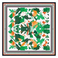 An abstract design print pattern overlapping green and orange geometric shapes on a light background, framed by a decorative border, It could be used as a wallpaper, fabric design, scarf, pillow vector