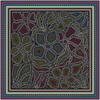 Colorful hand drawn dotted and line quilt style floral pattern with intricate outlines on a black background, bordered by vibrant, decorative edges. vector