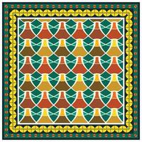 Colorful geometric pattern featuring bell-shaped forms in warm tones, bordered by circular motifs in green and yellow. vector