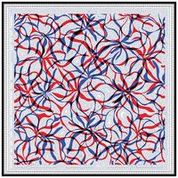Colorful geometric hand drawn pattern with intertwining red, blue, and black shapes on a white dotted background, frame in black. vector