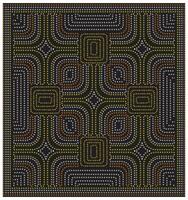 A geometric abstract pattern with curved lines in orange, yellow, and white against a black background, featuring four distinct square shapes. vector