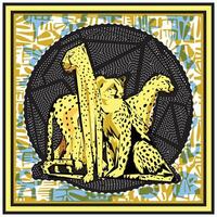 Abstract illustration of two cheetahs in yellow tones, framed by a geometric pattern with vibrant colors and intricate designs. vector