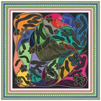 A vibrant, hand drawn print abstract design featuring colorful patterns of leaves and flowers, framed with intricate borders in contrasting colors. vector