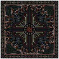 Intricate, hand drawn colorful geometric design with floral motifs and vibrant patterns on a black background, frame with decorative borders. vector