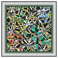 A vibrant abstract pattern of intertwined shapes in green, blue, pink, and red against a black background, framed with colorful borders. vector