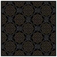 A decorative black background featuring intricate geometric patterns in gold, white, and brown shades, with a blank central area. vector