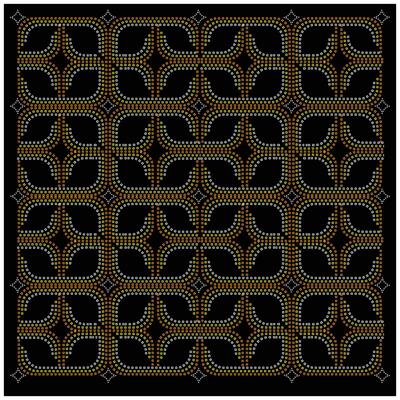 A repeating hand drawn dotted print on geometric pattern of intertwined shapes in orange, yellow, and white dots on a black background, it could be used as a wallpaper, fabric design, scarf, pillow