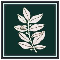 Illustration of a delicate leaf branch in light pink with a dark green background, framed by a series of thin decorative borders, it could be print as a wallpaper, fabric design, scarf, pillow covers vector