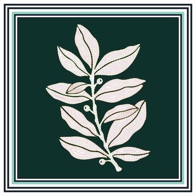 Illustration of a delicate leaf branch in light pink with a dark green background, framed by a series of thin decorative borders, it could be print as a wallpaper, fabric design, scarf, pillow covers