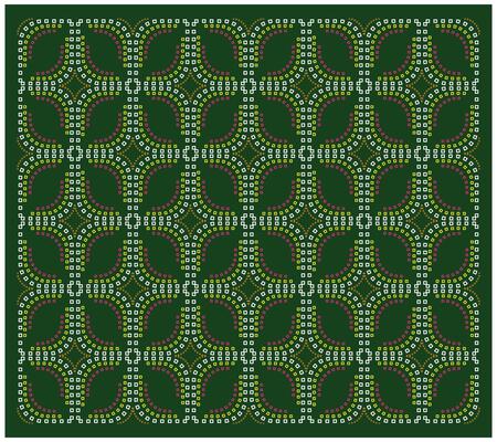 A symmetrical pattern with vibrant pink, white, and yellow dots arranged in intricate curves on a dark green background.