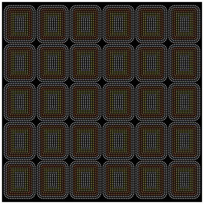 A geometric pattern featuring rectangles in shades of yellow, orange, and white on a black background, arranged in a grid format.