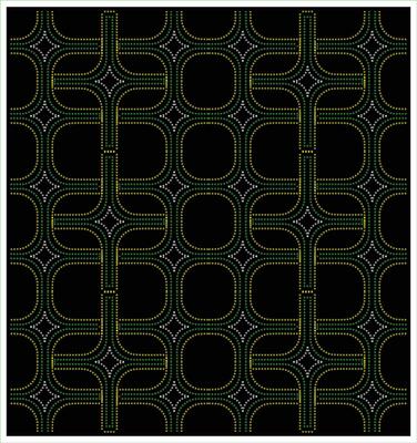 Abstract geometric pattern with yellow and green dots forming intersecting curves and squares on a black background, it could be used as a wallpaper, fabric design, scarf, pillow cover