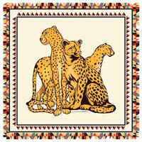 Three stylized leopards sit closely together, framed by a colorful geometric border, showcasing their distinctive spotted fur and expressions., it could be used as a wallpaper, fabric design, pillow vector
