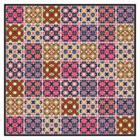 A colorful mosaic of intricate geometric patterns in red, pink, green, blue, and yellow, arranged in a square grid format. vector