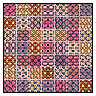 A colorful mosaic of intricate geometric patterns in red, pink, green, blue, and yellow, arranged in a square grid format.