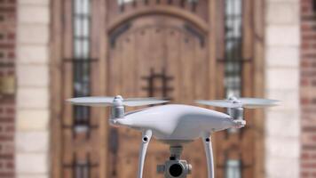 Real UAV Quadcopter Drone Flying Slow Motion Outdoors in Front of A Residential Front Door. video